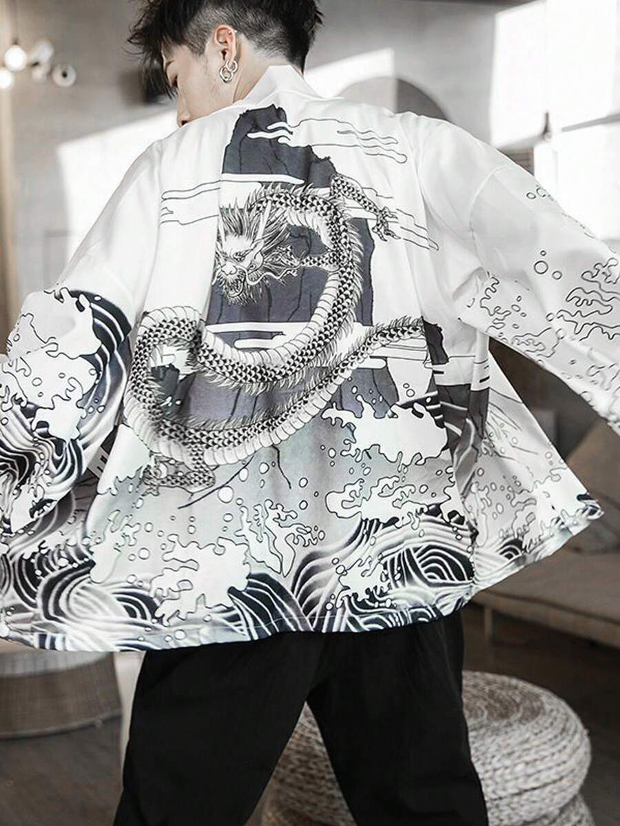 Manfinity EMRG Nam Truyền thống Phong cách Trung Quốc Áo sơ mi Với In rồng - trắng - Xem 1