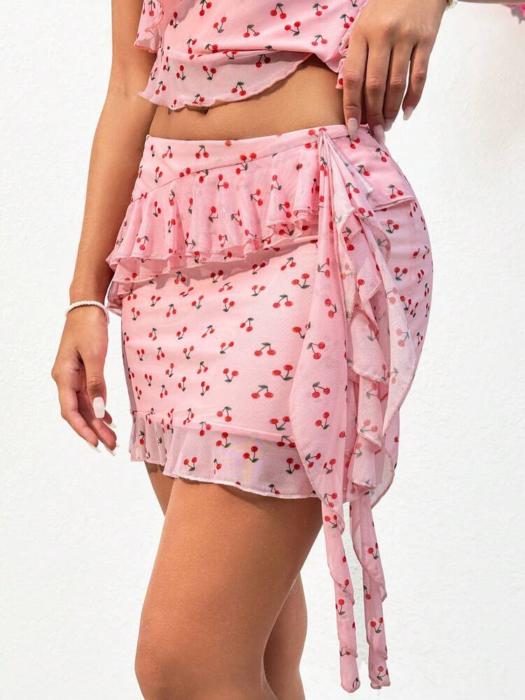 Women's Cherry Print Ruffle Trim Decorated Skirt