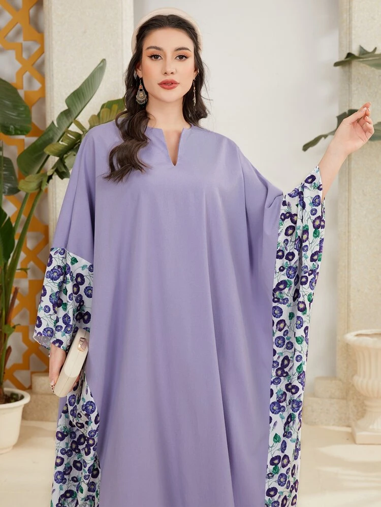 Women's Floral Print Spliced Sleeve Cuff Split Neck Summer Kaftan Dress