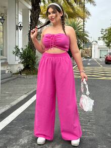 SHEIN Qutie 女士加大尺寸束口無肩帶上衣和褲子套裝 - 粉色 - 查看 4