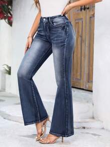 SHEIN LUNE Women's Cat Whisker Flared Jeans In Washed Denim - Dark Wash - View 3