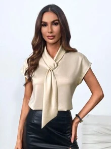 EMERY ROSE Màu thuần Buộc Vòng cổ Áo sơ mi - Màu be - Xem 3