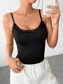 SHEIN EZwear Women's Lace Trimmed Spaghetti Strap Bodysuit