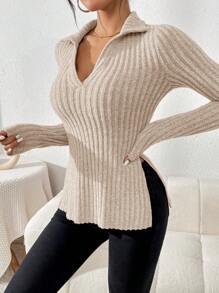 SHEIN Essnce 女士實色條紋分割式下擺長袖t卹 - 杏色 - 查看 4