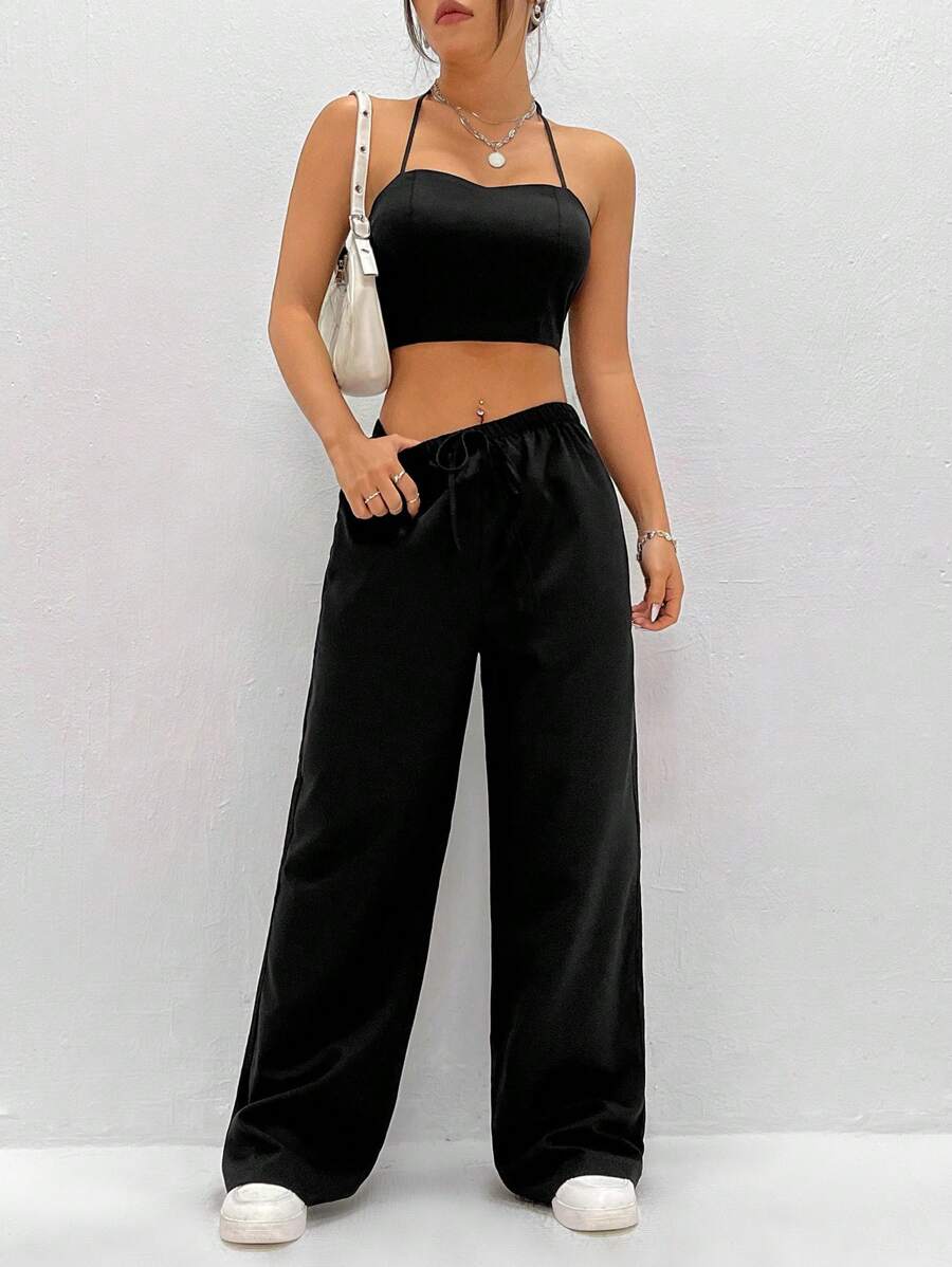 SHEIN Unity 女士純色休閒套裝 - 黑色 - 查看 1