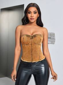 SHEIN BAE Backless Shirred Denim Strapless Top - Mustard Yellow - View 4