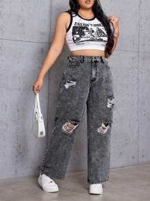 SHEIN EZwear Women's Plus Size Ripped Straight Leg Boyfriend Jeans - Black - View 1