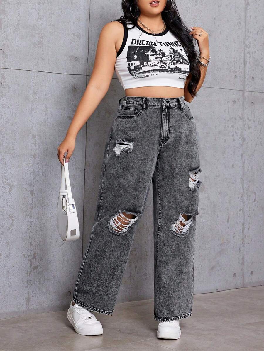 SHEIN EZwear Women's Plus Size Ripped Straight Leg Boyfriend Jeans - Black - View 1