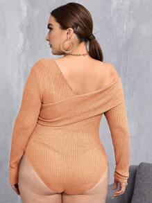 SHEIN Privé Plus Size Asymmetric Collar Long Sleeve Bodysuit - Khaki - View 2