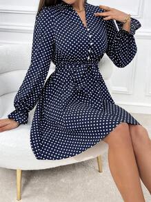 SHEIN Privé Polka Dot Ruffled Sleeve Belted Dress For Women