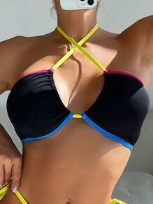 SHEIN Swim 女士露背撞色边比基尼套装狂欢节、度假比基尼套装夏日海滩