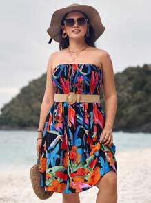 SHEIN VCAY Floral Print Plus Size Strapless Dress - Multicolor - View 3