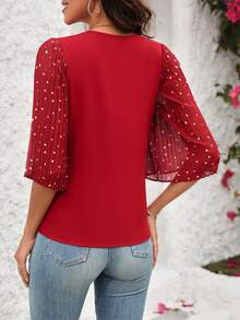 SHEIN Clasi Quý cô In Trái tim Tay áo xù Áo sơ mi - Đỏ - Xem 2