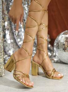 女用金屬金色綁帶高跟涼鞋,方頭,粗跟,舒適百搭,露腳趾延長腿長,鮮粉色女鞋 - 金色 - 查看 4