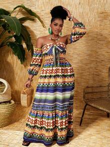 Slaydiva Đầm nữ trễ vai in họa tiết hình học, thích hợp cho kỳ nghỉ. - Nhiều màu - Xem 6