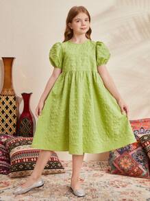 SHEIN Tween女孩鬆身休閒氣泡袖質感布料至膝連身裙,鬆圓領設計 - 綠色 - 查看 5