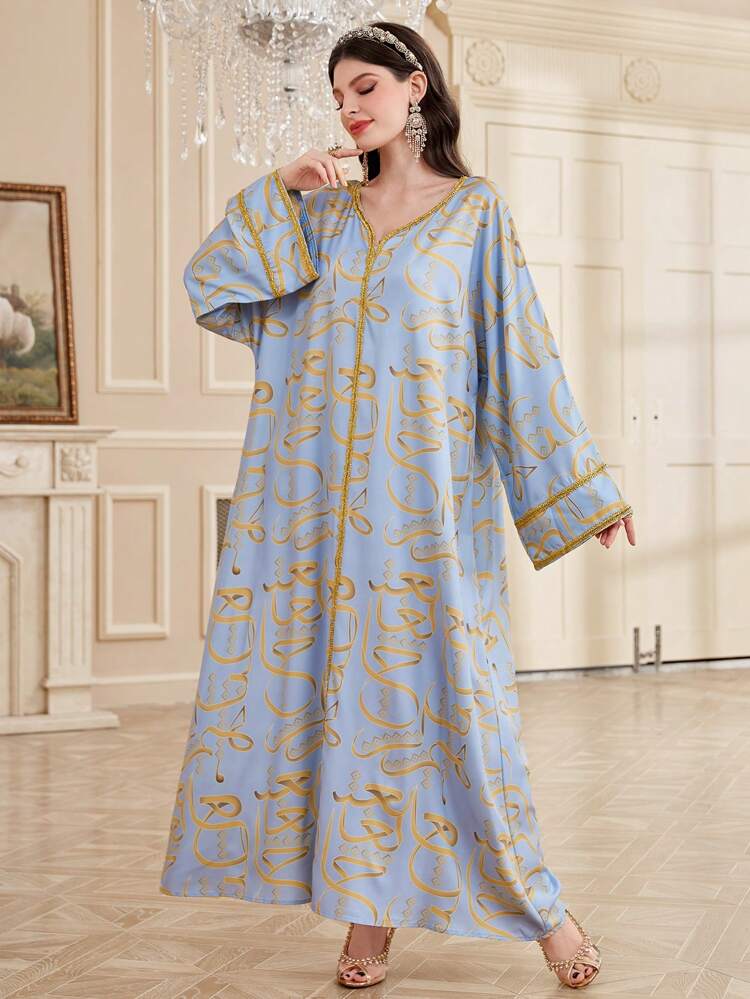 Ladies' V-Neck Full Printed Turkish Long Shirt Jalabiya With Flared Sleeves, Elegant Evening Party Dress