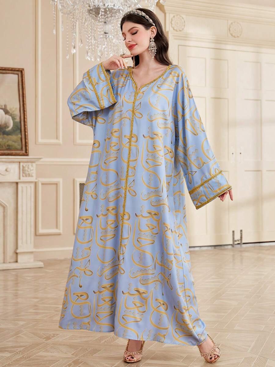 Al Najma Áo sơ mi dài Thổ Nhĩ Kỳ in họa tiết cổ chữ V Jalabiya cho nữ có tay loe, váy dự tiệc tối thanh lịch - Màu xanh lam - Xem 1