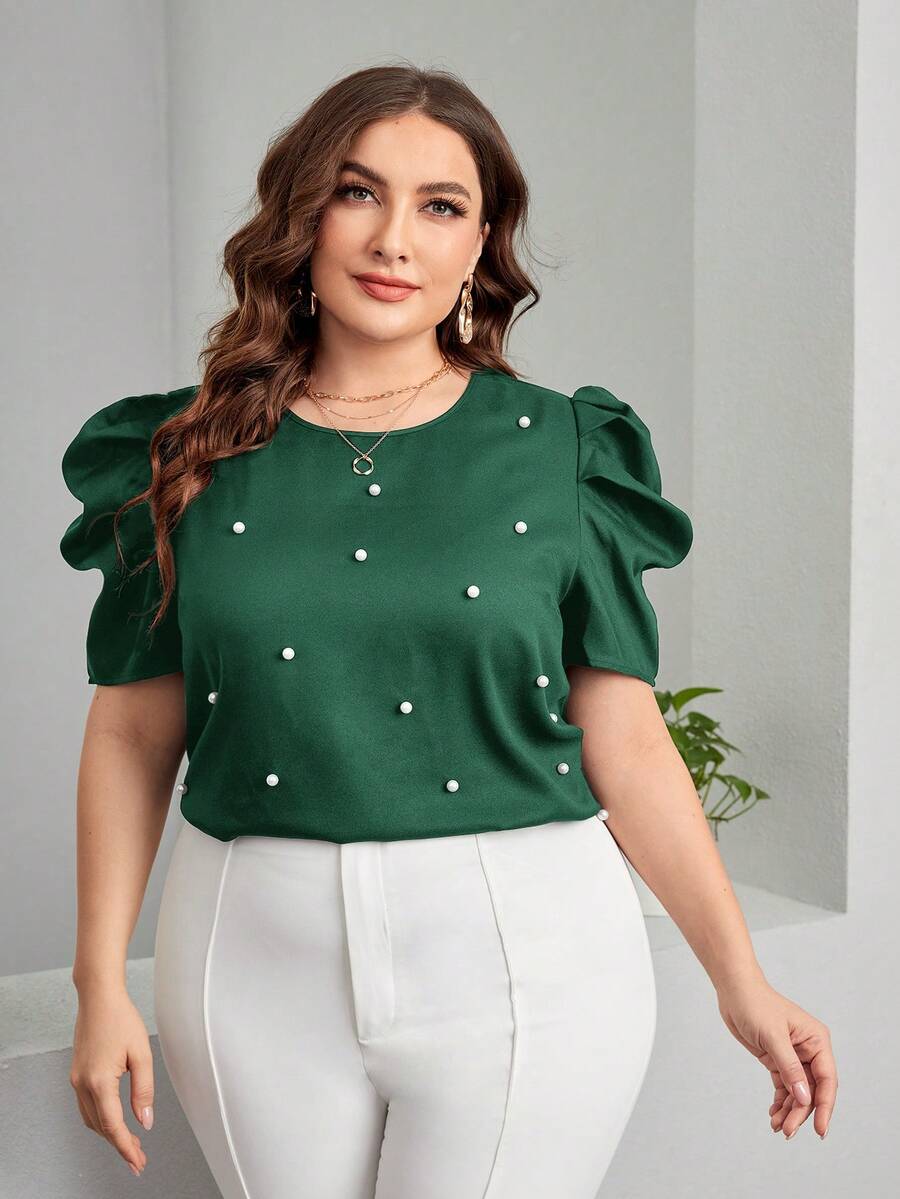 SHEIN Clasi Plus Size Beaded Detail Puff Short Sleeve Blouse - Dark Green - View 1