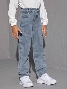 SHEIN Tween Girl Sun Face Printed Denim Jeans - Blue - View 3