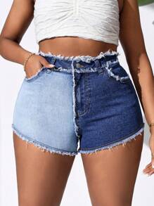 SHEIN SXY 短款彈性大尺寸女款拼布設計牛仔短褲 - 彩色 - 查看 2