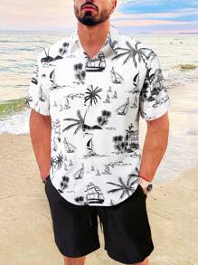 Manfinity RSRT Men's Resort-Casual Short-Sleeve Shirt And Shorts Set In Orange, Featuring A Vine-And-Floral Digital Print With Simple Linework. Designed With A Button-Front Closure, It's Perfect For Music Festivals, Hawaiian Beach Getaways, And Everyday Wear. It Also Makes A Great Gift For A Boyfriend Or Husband. Men's Short Sleeve Shirt And Shorts Summer Outfit Set, Fashionable ,Men Shorts Set ,Men Two Piece Outfits