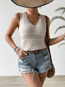 Breezaya Ladies' Solid Color V-Neck Hollow Knitted Sweater With Long Sleeves