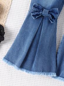 SHEIN Young Girl Spring/Autumn Fashionable & Elegant Sleeveless Cami Top And Bow Detail Flare Leg Jeans Set - Black - View 6