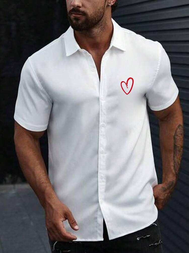 Men's Short Sleeve Heart Print Shirt