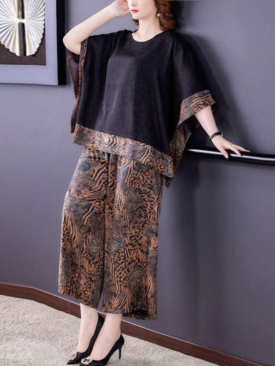 EMERY ROSE Plus Size Women's Patchwork Paisley Print Batwing Sleeve Top And Pants Set - Multicolor - View 1