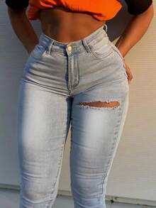 Ripped Skinny Jeans - Light Wash - View 5