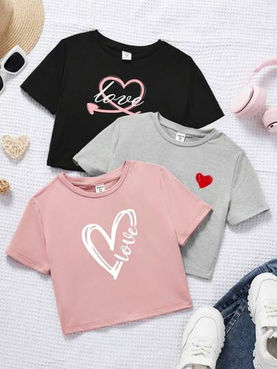 SHEIN Leap Crew 3入組簡約風格 Tween 女孩短袖圓領t恤,適合夏季穿著