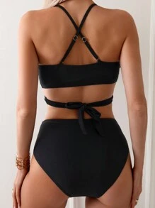 SHEIN Swim 夏季女士纯色链条交叉比基尼套装 - 黑色 - 查看 2