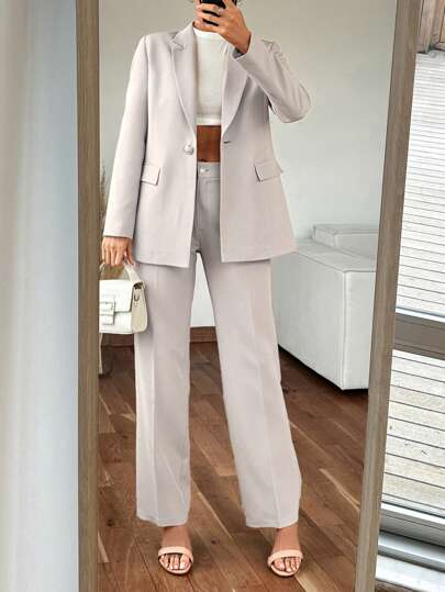 EURMUSE Women'S Lapel Collar Long Sleeve Blazer And Pants Set