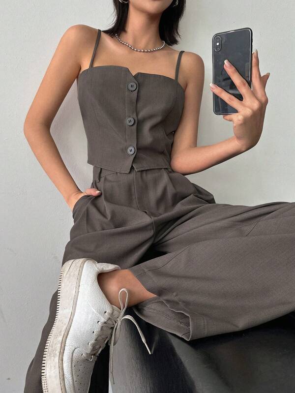 DAZY Set cu nasturi în față și pantaloni de costum casual cu talie înaltă