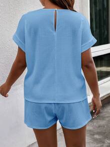 Calvaya Conjunto De Dos Piezas Para Mujer De Talla Grande, De Color Sólido Y Casual - Celeste - Ver 2
