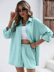 SHEIN Frenchy Camisa de lino de hombro caído y pantalón corto de lino - Conjunto de tela de lino, ropa de vuelta al colegio para otoño, ropa de mujer estilo "Viejo dinero", atuendos de maestra, ropa de negocios para mujer, camisas de maestra - verde menta - Ver 3