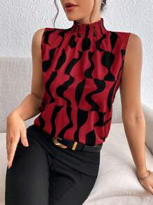 SHEIN Privé Women's Random Printed Stand Collar Sleeveless Blouse,Sleeveless Tops