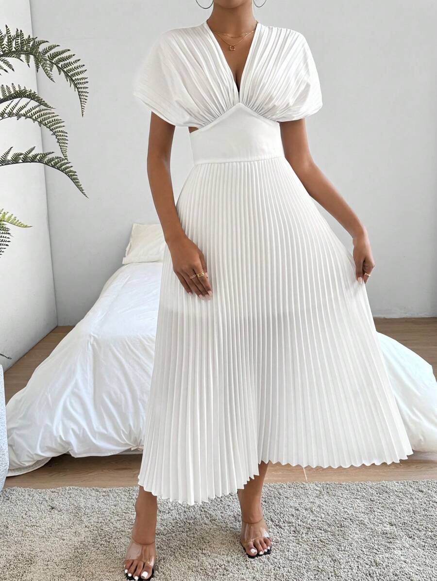 Firerie Deep V-Neck Hollow Out Back Ribbon Pleated Waist Dress - White - View 1