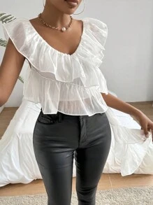 SHEIN Privé White Elegant Women'S V-Neck Camisole Top With Ruffled Hem