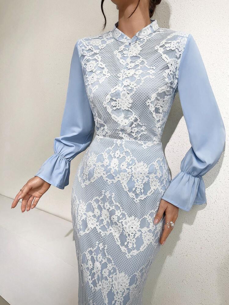 Ladies' Lace Patchwork Cheongsam Collar Slit Back Two Pieces Set 2 Pieces Set Fall Cloth For Women