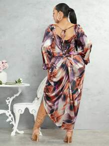 SHEIN BAE Vestido Plus Size Manga Lanterna Com Gola Drapeada E Estampa Completa Padrão - Roxo - Visão 2