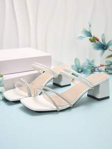 New Square Toe Thick Heel Sandals, Versatile High-End French Style Crystal Embellished High Heels For Commuting, Business And Daily Wear - White - View 4
