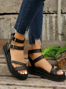 Plus Size Women Leather Buckle Thick Sole Open Toe Casual Fashion Outdoor Beach Summer Sandals - Black - View 5