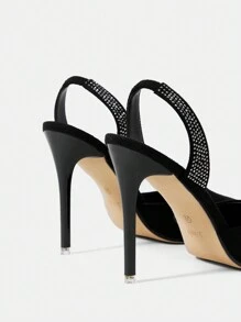Tacón Alto Y Puntiagudo, Con Decoraciones De Pedrería, Sexy Y De Moda, Para Mujeres - Negro - Ver 3