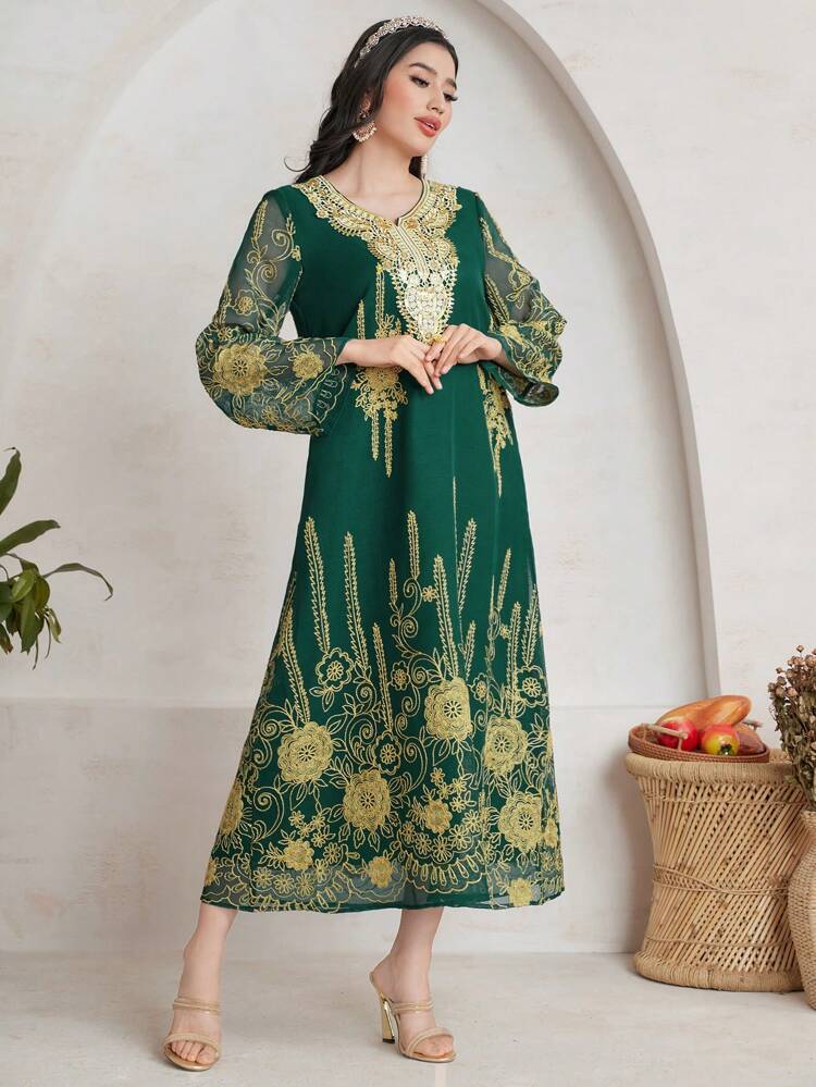 Women's Gold Embroidered Notched Neck Arabian Dress