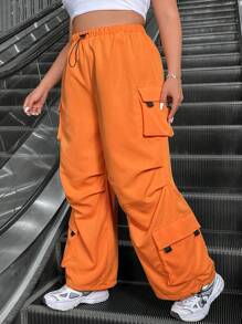 SHEIN Coolane Pantalones De Talla Grande Con Cintura De Cordón Y Bolsillos Para Mujer - Naranja - Ver 1