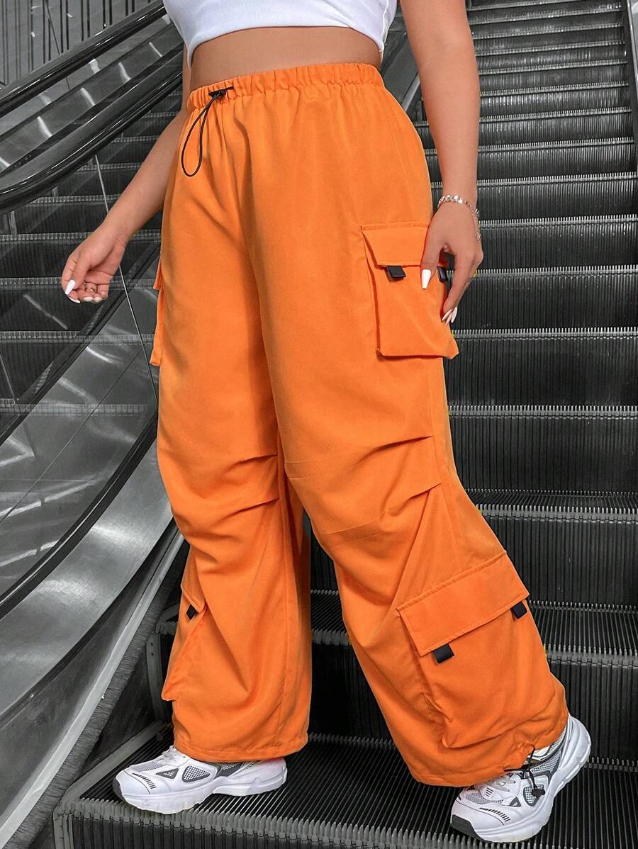 SHEIN Coolane Pantalones De Talla Grande Con Cintura De Cordón Y Bolsillos Para Mujer - Naranja - Ver 1
