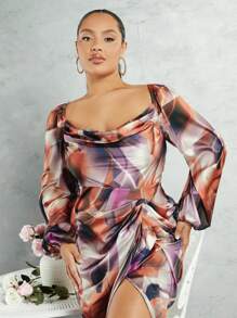 SHEIN BAE Vestido Plus Size Manga Lanterna Com Gola Drapeada E Estampa Completa Padrão - Roxo - Visão 3