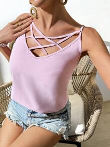 SHEIN Essnce Women's Solid Color Criss-Cross Strap Tank Top - Dusty Pink - View 5